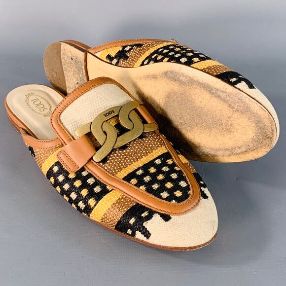 TOD'S Size 11 Tan Multi Color Canvas Abstract Chain Buckle Slip On Flats - Picture 5 of 8